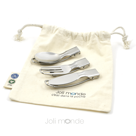 Foldable stainless steel cutlery in a cotton pouch